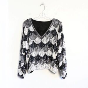 Fabulous Vintage 1980’s Sistermax Sequin V-Neck Top Black/Silver/White, Sz S!